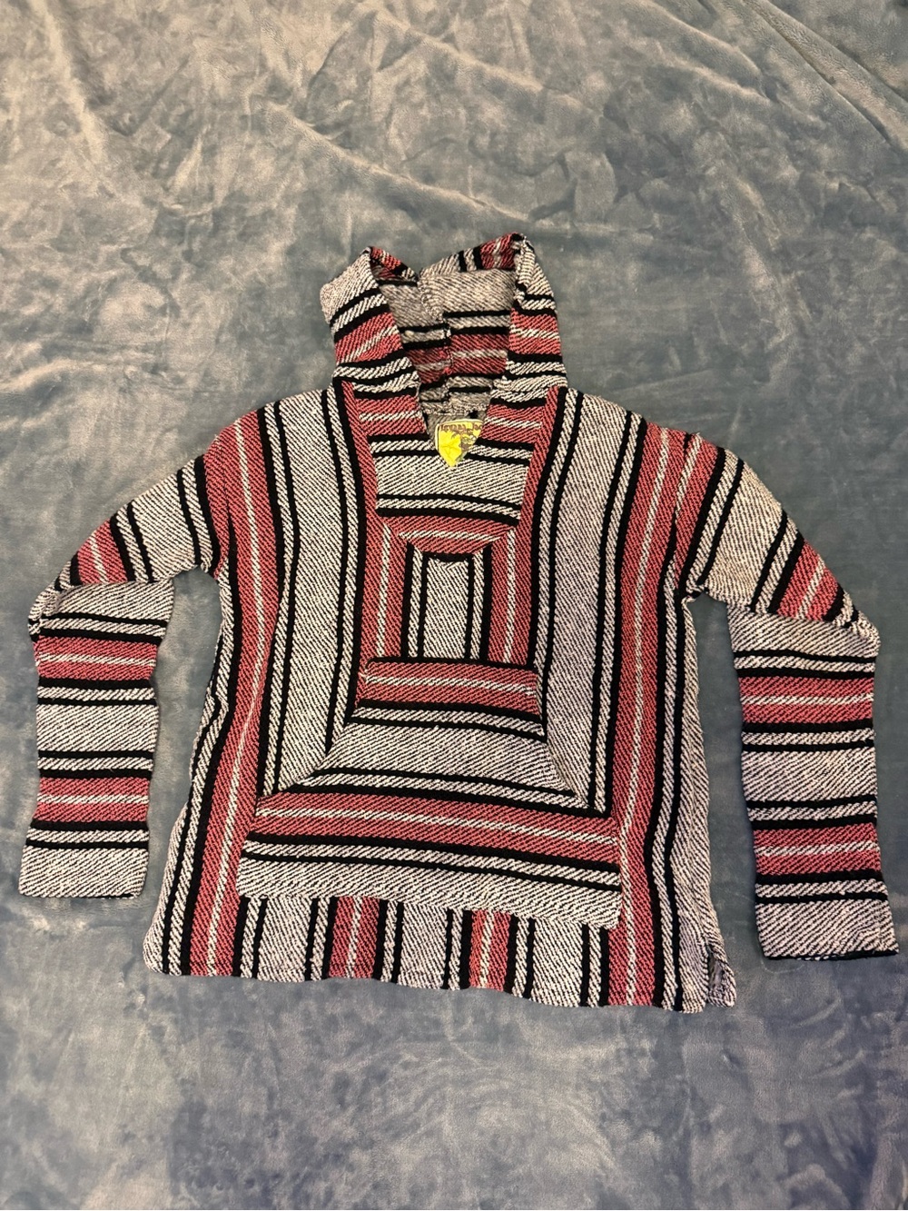 Striped Hooded Baja Pullover Sweater in Red, Black & White